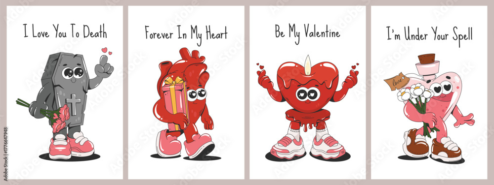Fototapeta premium Valentine's day greeting card collection. Flyer, poster, banner design set with groovy cartoon characters. Heart, candle, love potion. Vector illustration.