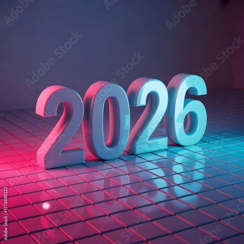 Futuristic 2026 numbers illuminated by neon lights