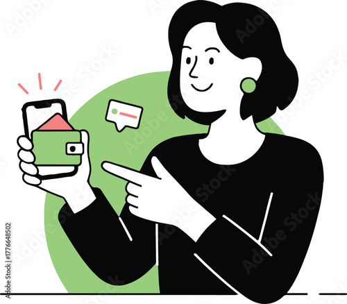 Woman with smartphone showing digital wallet and pointing at it with a green background circle