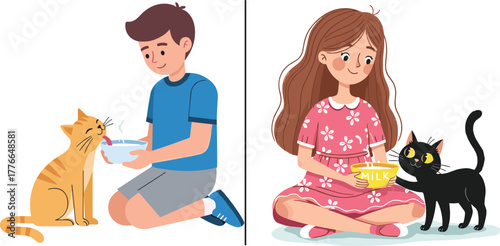 Children feeding cats with kindness and love, boy offering milk to orange tabby, girl sharing bowl with black kitten