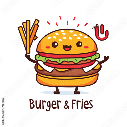 Cute smiling burger and fries fast food cartoon mascot illustration