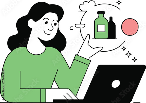 Woman using laptop with product selection bubble featuring bottles and a circle illustration online