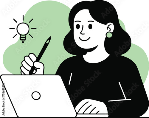 Woman with laptop and pen having an idea with green background and lightbulb illustration above her head