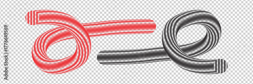 3d red and black metallic abstract tube loop vector design with shiny light reflections on a transparent background.