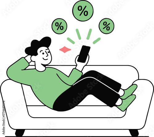 Man relaxing on couch with phone surrounded by percentage symbols in a minimalist illustration