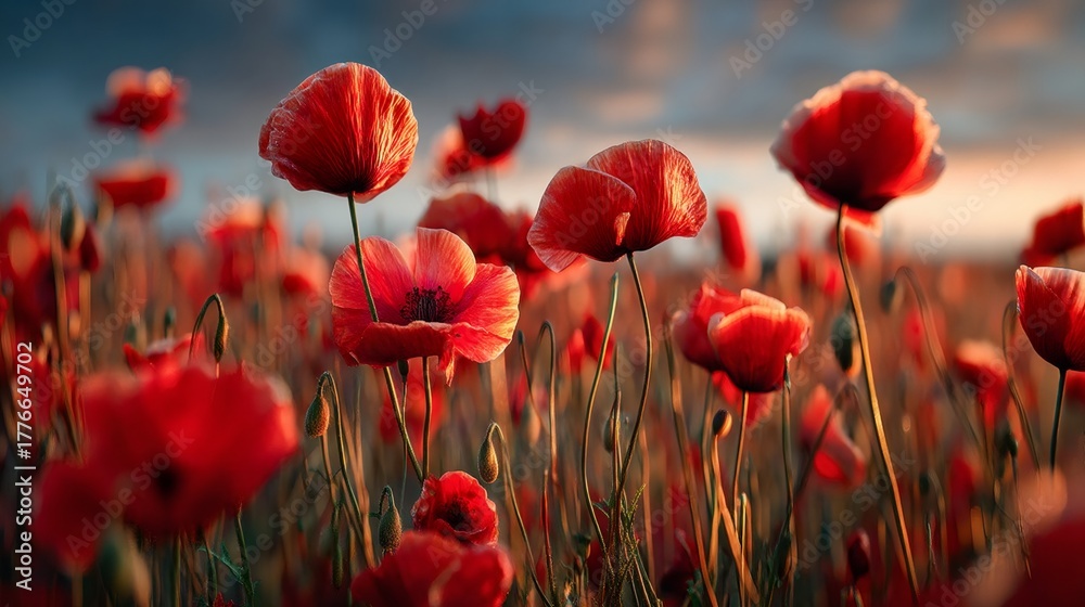 Obraz premium Red poppy flower field on a sunny day. Nature and floral background. Beautiful spring and summer landscape for greeting card.