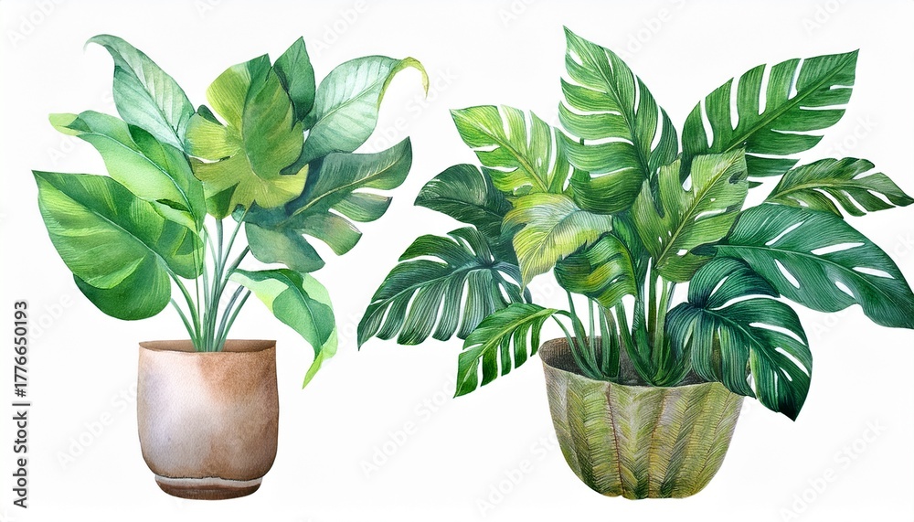 Obraz premium Watercolor Image With Tropical Leaves And Leaves Of Indoor Plants Home Plant In Pots Greenery Juicy Floral Design Element Perfect For Invitations Cards Prints Posters