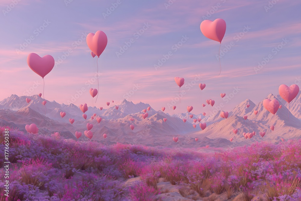Obraz premium Pink Heart Balloons Floating Above a Dreamy Mountain Landscape