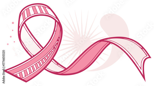 Illustration of a pink breast cancer awareness ribbon with decorative details and subtle background