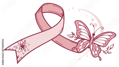 Pink ribbon with flower and butterfly for breast cancer awareness and support illustration design art