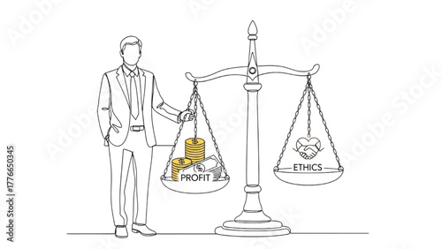 High-Quality Black Continuous Line Art of Businessperson Standing Beside Large Scales of Justice, Symbolizing Balance of Ethics and Profit, Minimalist Composition on White Background