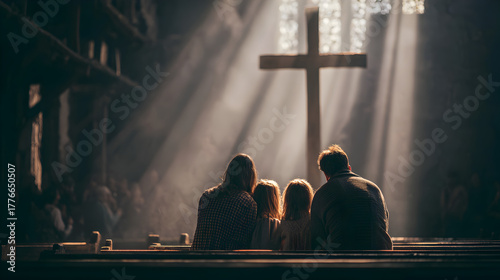 una familia sentados en las bancas de una capilla frente a la cruz orando en familia rezando con fe y esperanza a Dios dando gracias por el amor recibido espiritualidad 