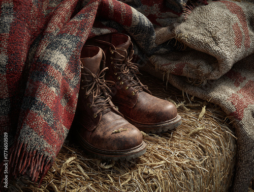 Rustic brown boots on hay with warm blankets
