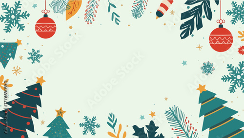 A vibrant vector template element featuring a Christmas theme with a modern flat design aesthetic, incorporating bold shapes and bright colors