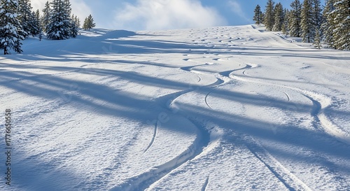 Snowy ski slope with fresh ski tracks and pine trees under a blue sky skiing winter