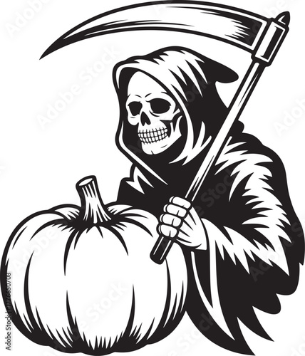Grim Reaper with Pumpkin and Scythe Halloween Vintage Design Art Illustration
