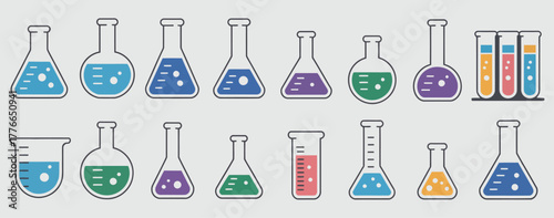 Science lab equipment icons set, flat and filled design, laboratory and chemistry symbols, vector illustration, experiment tools, education, research, scientific graphics