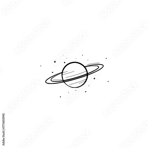 Illustration of a saturn like planet with rings and small stars on a white background design art drawing
