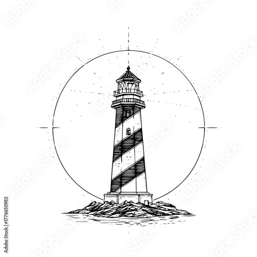 A detailed black and white drawing of a lighthouse on a rocky outcrop with a circular design behind it