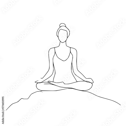 Woman in lotus position meditating on a rock formation in black and white minimalist line drawing style
