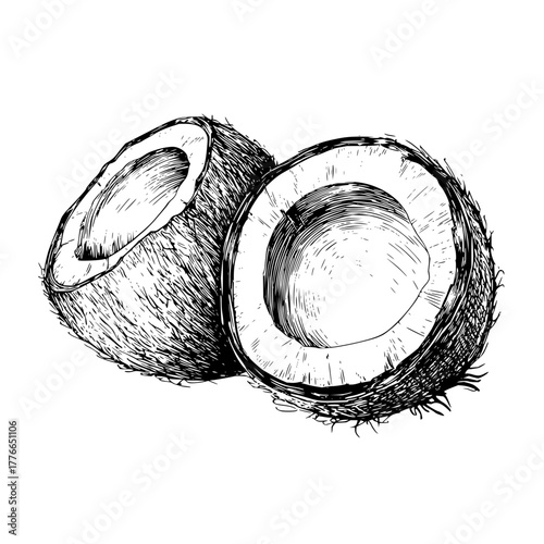 Illustration of two coconut halves with detailed husk texture and visible white flesh interior design