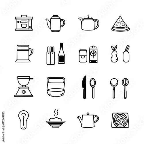 Illustration of kitchenware and food items including teapots, watermelon, and various utensils displayed