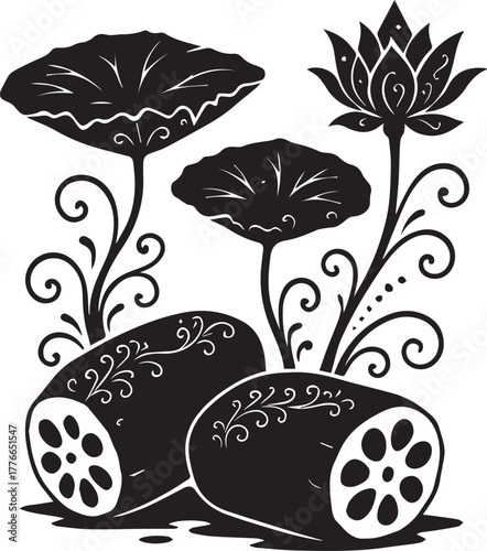 Lotus and Lotus Root Silhouette: A monochrome portrayal of the exquisite lotus flower, its elegant leaves and the segmented lotus root, exuding an aura of serene simplicity.