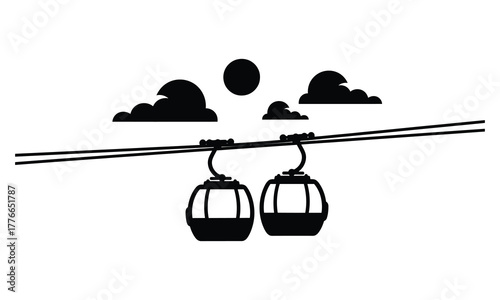 Solid black silhouette illustration of two distinct cable cars side by side isolated on white background