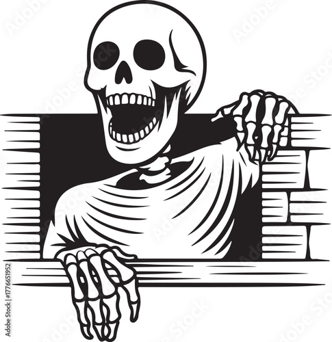 Skeleton in Brick Wall Illustration Grim Undead Escaping Creepy Black Horror