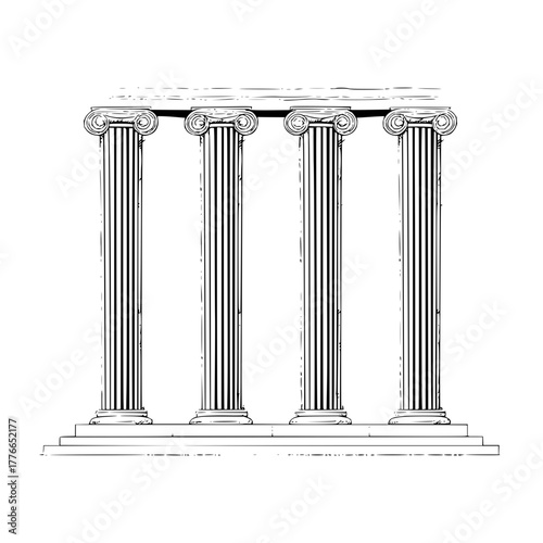 Illustration of four ionic columns with fluted shafts and volutes on a stepped base in black and white