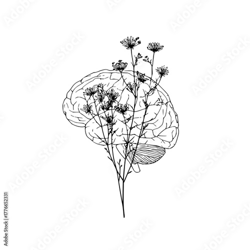 Anatomical brain illustration with delicate flowers growing from it in a black and white drawing style