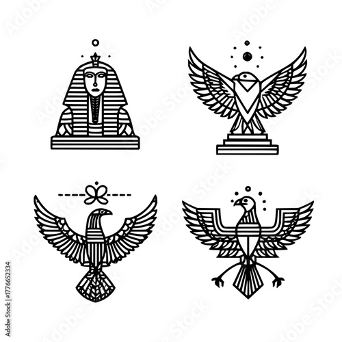 Four line art illustrations featuring a sphinx and three different eagle designs in black and white style