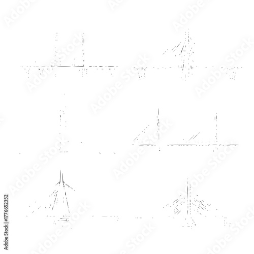 Six bridge illustrations with various structural designs in black and white minimalist style art work