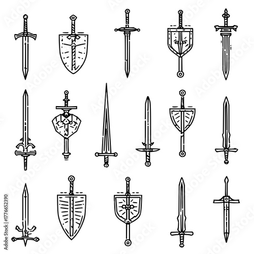 Collection of various swords and shields with intricate designs in a seamless pattern format design