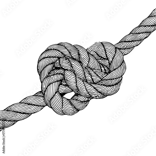 Detailed monochrome drawing of a rope tied in a complex knot against a plain white background image