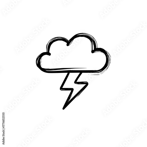 A simple sketchy illustration of a cloud with a lightning bolt in black and white on a white background