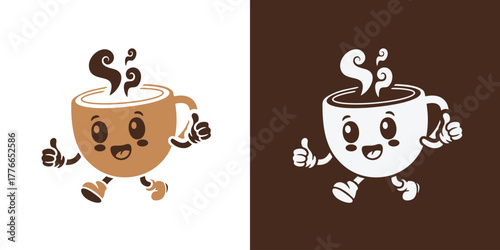 A cute and friendly coffee cup mascot logo featuring a smiling cartoon character with warm steam. Perfect for modern cafés, beverage brands, coffee shops, menu design, packaging labels.
