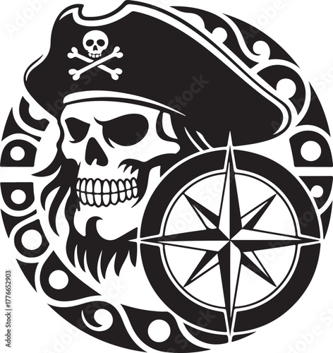 Pirate Skull Compass Emblem in Black with Tribal Circle Frame Adventure Sailing Logo