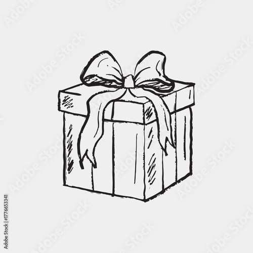 Hand drawn gift box with a large ribbon bow, ideal for birthday, holiday, or celebration themes. Christmas gift box. Vector sketch illustration in vintage crayon charcoal style