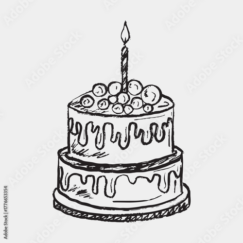 Hand drawn birthday cake with dripping icing, fruit topping, and a single lit candle. Vector sketch illustration in vintage crayon charcoal style. Wedding cake, invitation, greeting card