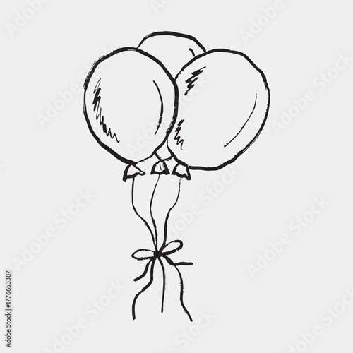Hand drawn trio of party balloons tied with a bow, symbolizing joy and celebration. Vector sketch illustration in vintage crayon charcoal style. Flying balloons, birthday gift