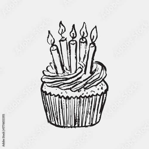 Hand drawn cupcake with swirled frosting and five lit candles, perfect for birthday or celebration designs. Vector sketch illustration in vintage crayon charcoal style