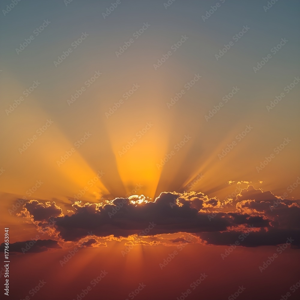 Fototapeta premium Dramatic sun rays burst from behind clouds during a stunning sunset for inspiring hope and new beginnings