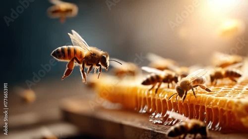 Close-up of honeybees flying around a honeycomb, illuminated with sunlight