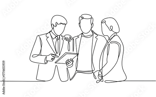 Three professionals collaborate on a digital tablet, sharing ideas in a modern business setting.