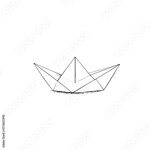 A simple line drawing of a paper boat with its geometric folds and creases on a white background space