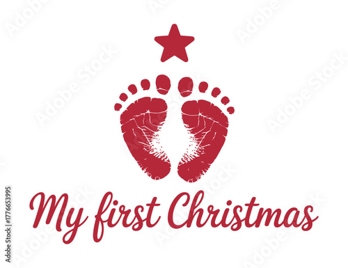 Tiny baby footprints with a festive star above, celebrating a first Christmas.
