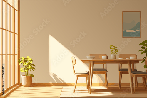 Cartoon room with an empty dining table bathed in morning sunlight, vector illustration