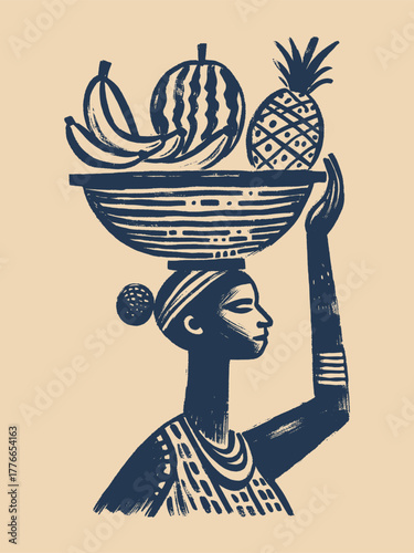 Woman carrying fruit bowl, hand-drawn sketch vector