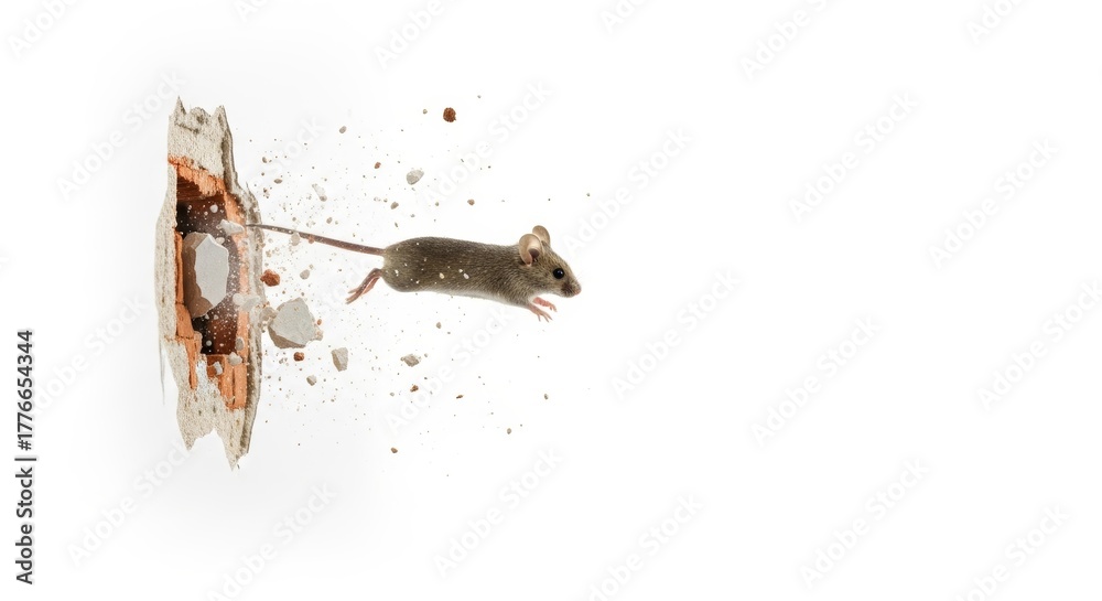 Obraz premium mouse busting or breaking through a wall on a solid white background, animal photo